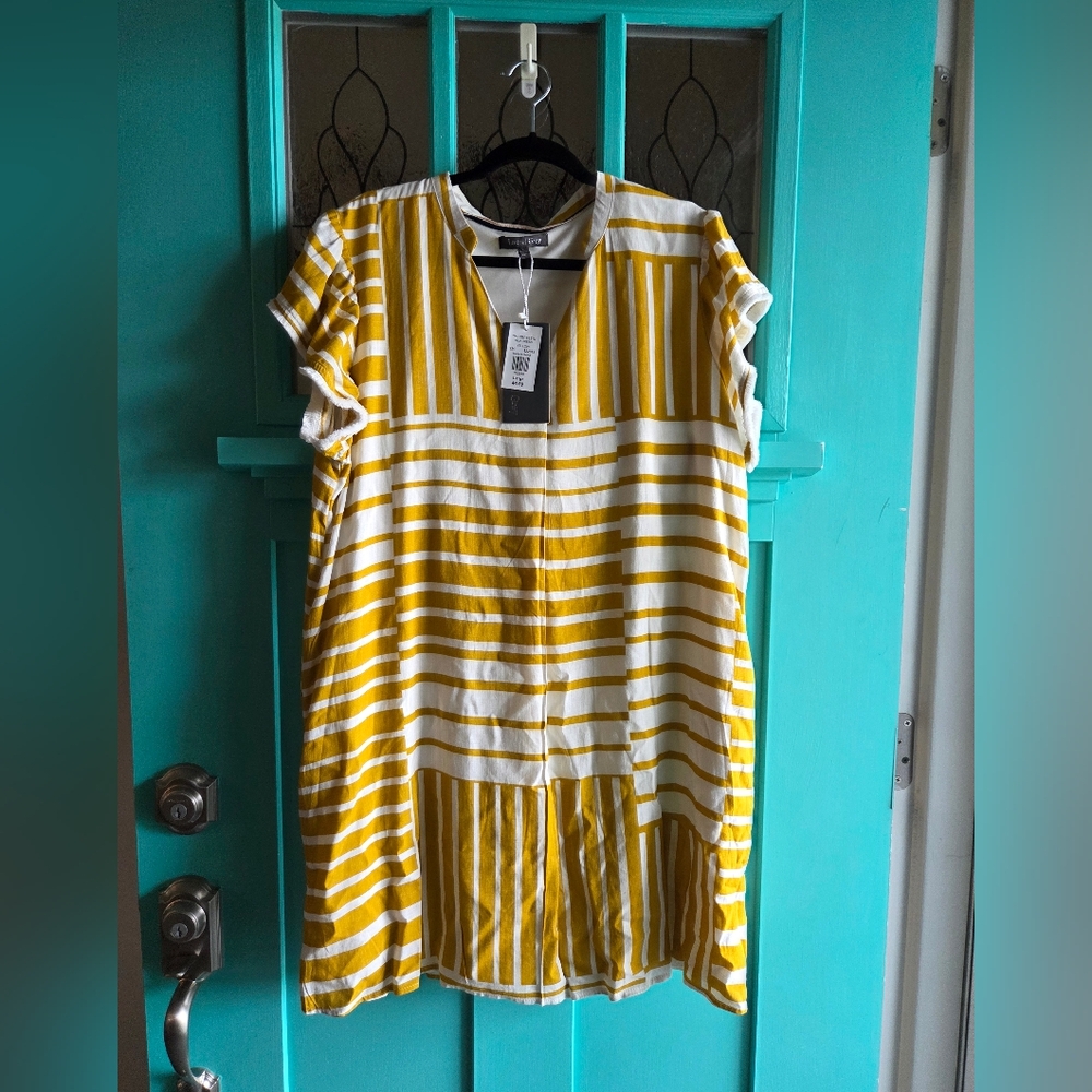 Yellow and White Short Sleeve Dress